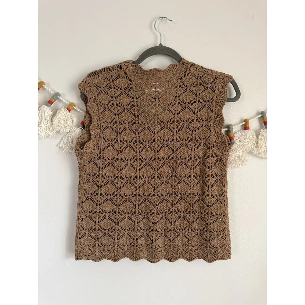 Zara Kids Crochet Open Knit Button Down Sleeveless Cardigan Brown Cottage 9/10 - Picture 2 of 7